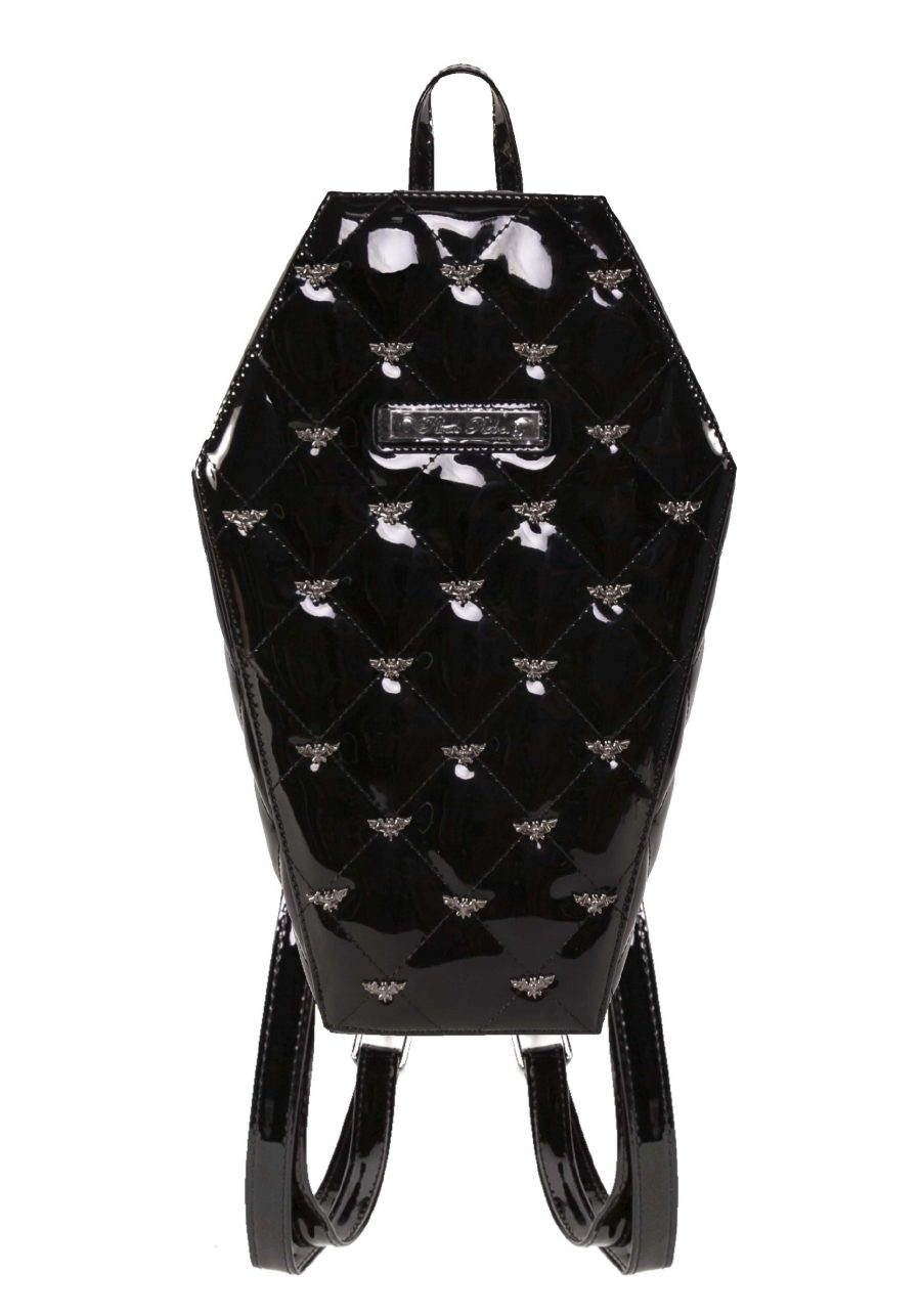 Studded Bat Quilted Faux Patent Coffin Black Backpack