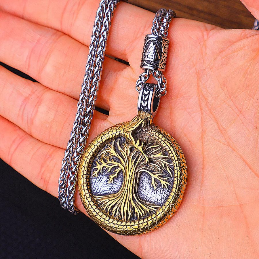 Tree of Life Yggdrasil Nordic Valknut Triangle Stainless Steel Pendant Necklace