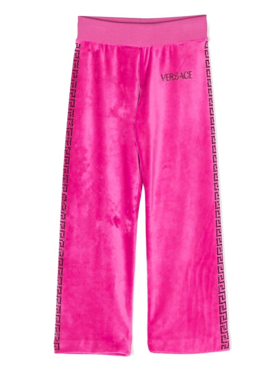 VERSACE KIDS Girls Crystal-Embellished Greca-Print Trousers Fuchsia Pink