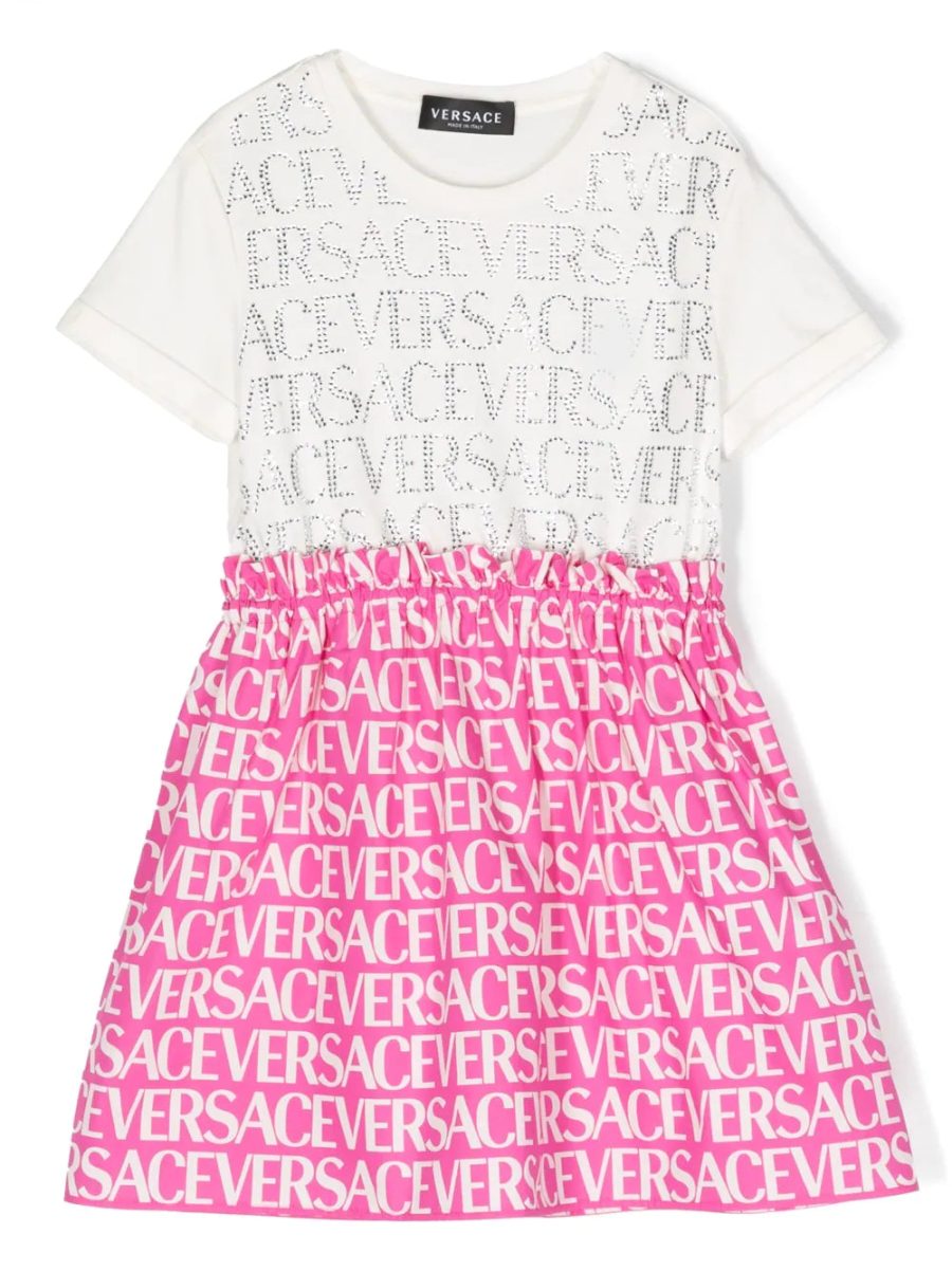 VERSACE KIDS Logo-Print Crystal-Embellished Dress White Pink