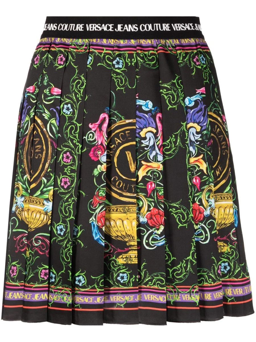 VERSACE WOMEN V Emblem Garden Print Mini Skirt Black Multicolour