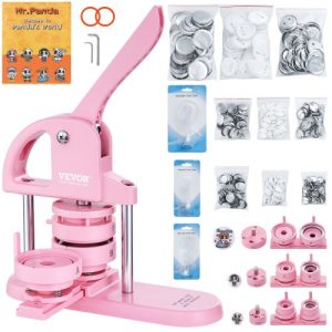 VEVOR 3-IN-1 Button Maker, 1/1.25/2.28 inch(25/32/58mm) Pin Maker, 300pcs Button Parts,Button Maker Machine with Panda Magic Book, Ergonomic Arc Handle Punch Press Kit, For Children DIY Gifts, Pink