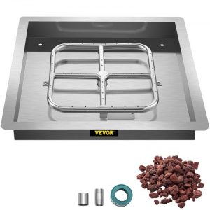 VEVOR Drop in Fire Pit Pan, 18" x 18" Square Fire Pit Burner, Stainless Steel Gas Fire Pan, Fire Pit Burner Pan w/ 1 Pack Volcanic Rock Fire Pit Insert w/ 90K BTU for Keeping Warm w/ Family & Friends