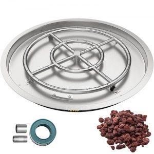 VEVOR Drop in Fire Pit Pan, 25" x 25" Round Fire Pit Burner, Stainless Steel Gas Fire Pan, Fire Pit Burner Pan w/ 1 Pack Volcanic Rock Fire Pit Insert w/ 150K BTU for Keeping Warm w/ Family & Friends