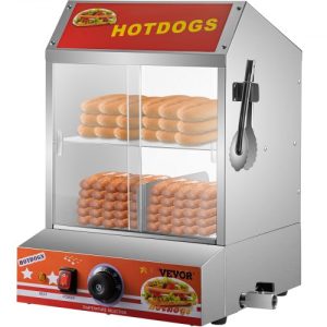 VEVOR Hot Dog Steamer, 27L/24.52Qt, 2-Tier Hut Steamer for 175 Hot Dogs & 40 Buns, Electric Bun Warmer Cooker with Tempered Glass Slide Doors Partition Plate Food Clip PTFE Tape, Stainless Steel