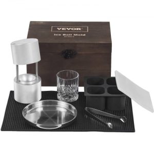 VEVOR Ice Ball Press Kit, Aircraft Al Alloy Ice Press with Ice Block Mold, Large Mat, Tong, Drip Tray, One Glass, Round Ice Ball Maker 2.4"/60 mm Ice Sphere, for Whiskey, Cocktail on Party & Holiday