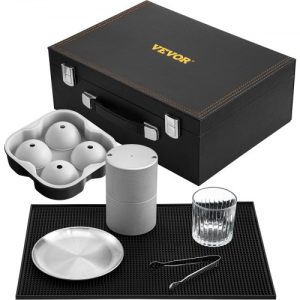 VEVOR Ice Ball Press Kit, Anodized 7075 Aluminum, w/ Silicone Moulds, Large Mat, Stainless Steel Tong & Two Glasses, Double Size Crystal Clear Rounds for Whiskeys, Cocktails on Parties & Holidays