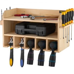 VEVOR Power Tool Organizer, Wall Mount Drill Holder, 5 Drill Hanging Slots Drill Charging Station, 2-Shelf Cordless Drill Storage, Polished Wooden Toolbox for Saw, Impact Wrench, Screwdriver Drill