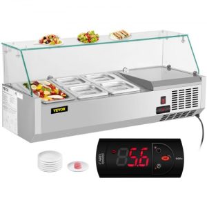 VEVOR Refrigerated Condiment Prep Station, 40-Inch, 7.8Qt Sandwich Prep Table w/ 1 1/3 Pan & 4 1/6 Pans, 150W Salad Bar w/ 304 Stainless Body Tempered Glass Shield Digital Temp Display Auto Defrost