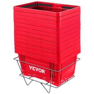 VEVOR Shopping Basket, 16.9 x 11.8 x 8.7 in/42.8 x 30 x 22 cm((L x W x H), Plastic Handle and Iron Stand, Set of 12 Store Baskets with Durable PE Material Used for Supermarket, Retail, Bookstore, Red