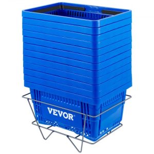 VEVOR Shopping Basket, 16.9 x 11.8 x 8.7 in/42.8 x 30 x 22 cm(L x W x H), Plastic Handle and Iron Stand, Set of 12 Store Baskets with Durable PE Material Used for Supermarket, Retail, Bookstore, Blue