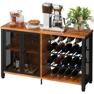 VEVOR Wine Bar Cabinet with Removable Wine Rack, Wine Table for Liquor with Glass Holder, Wine Rack and Metal Sideboard, Farmhouse Wood Coffee Bar for Living Room, (47 Inch, Rustic Oak)