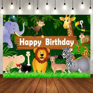 Wild Animals Green Leaves Birthday Backdrop For Boy - Aperturee