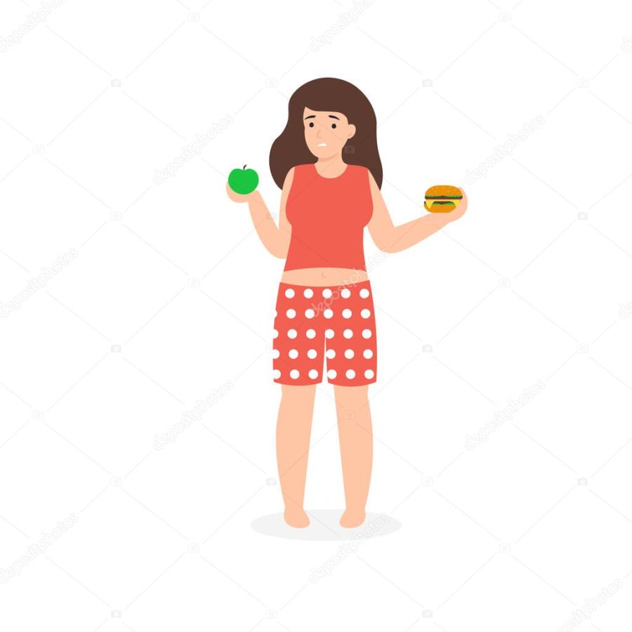 girl with apple and hamburger
