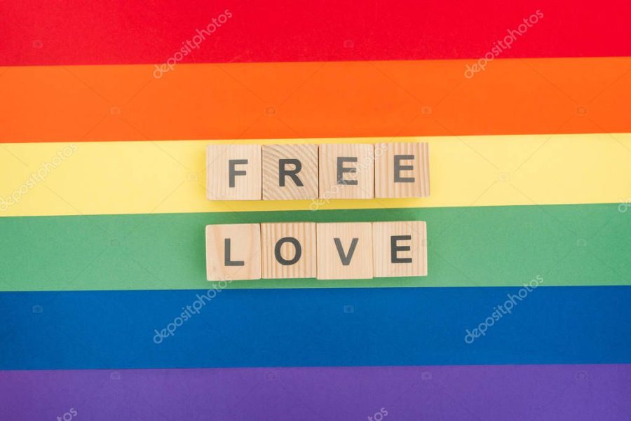 top view of free love lettering made of wooden blocks on paper rainbow background