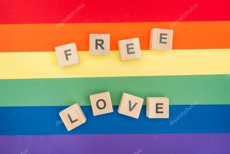 top view of free love lettering made of wooden cubes on paper rainbow background