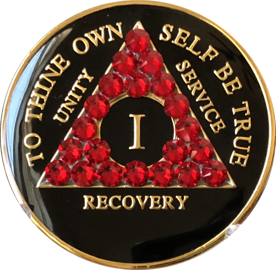 1 - 50 Year AA Medallion Siam Red Swarovski Crystal Black Sobriety Chip