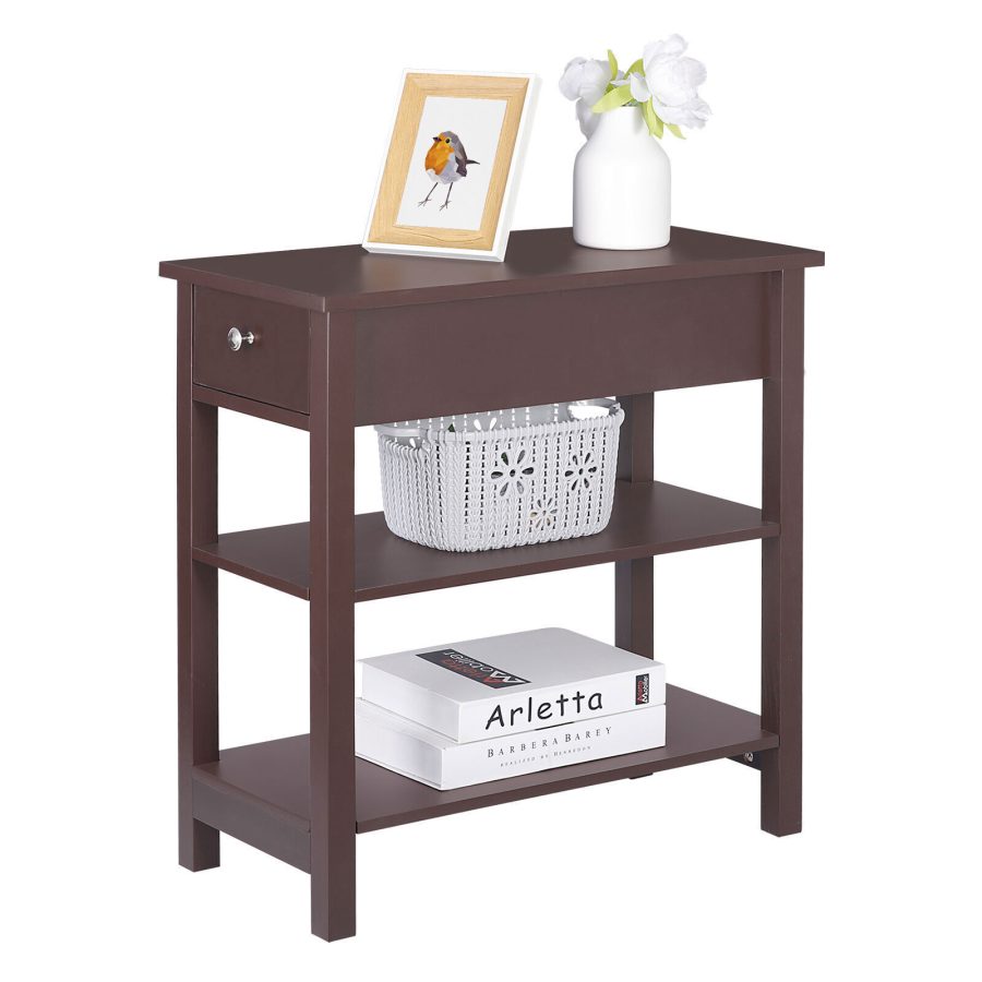 24'' Narrow Side Table Slim End Table With Drawer And Shelves For Small Space