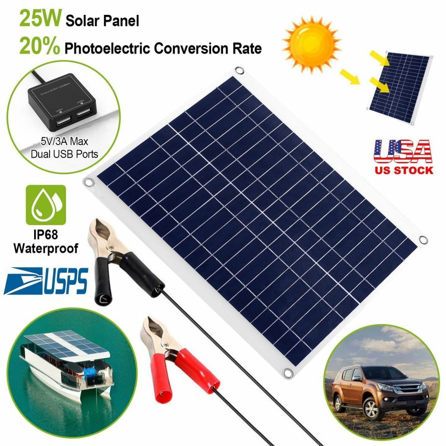 25W Solar Panel 12V Trickle Battery Charger Kit Maintainer Boat RV Car Flexible
