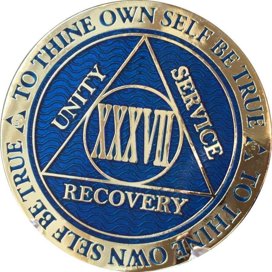 37 Year Reflex Blue Gold Plated AA Medallion Alcoholics Anonymous Chip