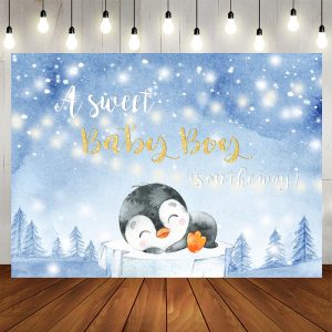 Aperturee A Little Cute Penguin Winter Bule Baby Shower Backdrop