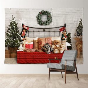 Aperturee Bear Room Red Sofa Deco Tree Brick Xmas Backdrop