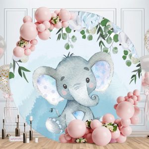 Aperturee Blue Elephant And Leaves Circle Baby Shower Backdrop