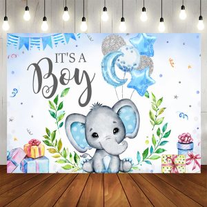 Aperturee Blue Glitter Balloon Elephant Baby Shower Backdrop