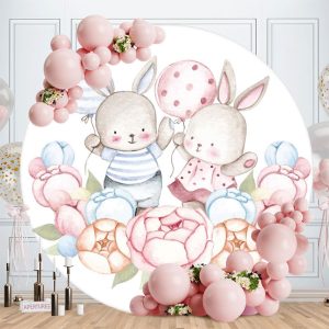 Aperturee Blue Or Pink Rabbit Round Baby Shower Backdrop