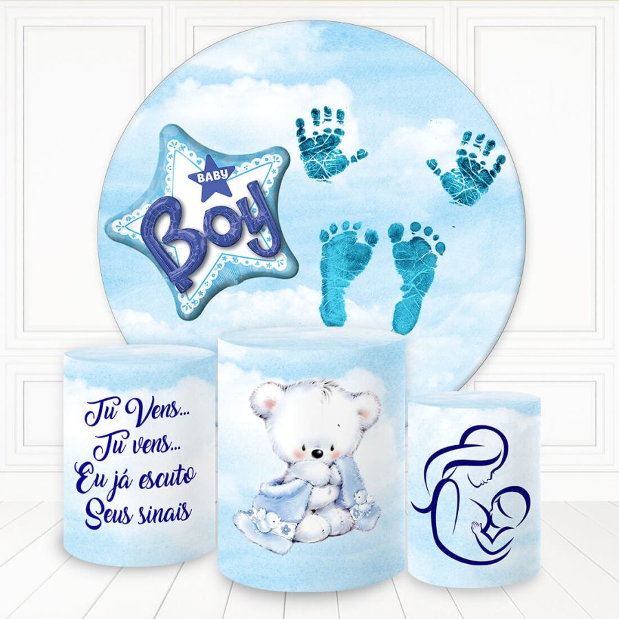 Aperturee Boy Bear Hand And Footprint Round Backdrop Kit For Baby Shower | Round Baby Shower Backdrop | Round Party Backdrop | Circle Party Backdrop