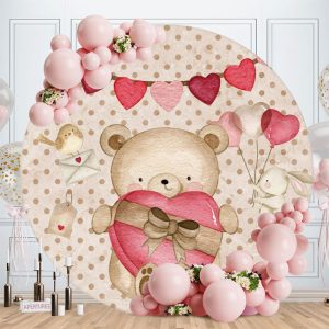 Aperturee Brown Love Teddy Bear Round Valentines Backdrop