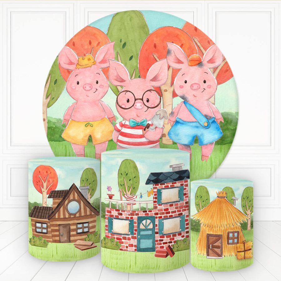 Aperturee Cartoom Thress Pigs With Houses Round Backdrop Kit | Circle Background For Party | Round Backdrop Stand Covers | Baby Shower Backdrop Ideas