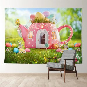 Aperturee Cartoon Teapot Backyard Easter Holiday Backdrop