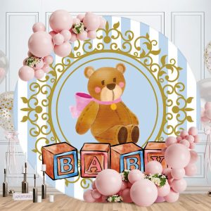 Aperturee Circle Teddy Bear Blue Baby Shower Backdrops