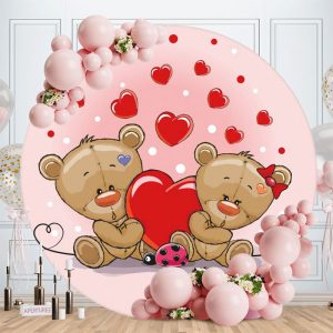 Aperturee Couple Love Bear Round Happy Valentines Backdrop