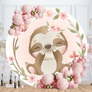 Aperturee Cute Animals Round Pink Floral Baby Shower Backdrop