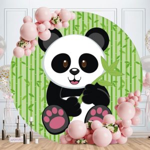 Aperturee Cute Panda Green Leave Round Baby Shower Backdrop