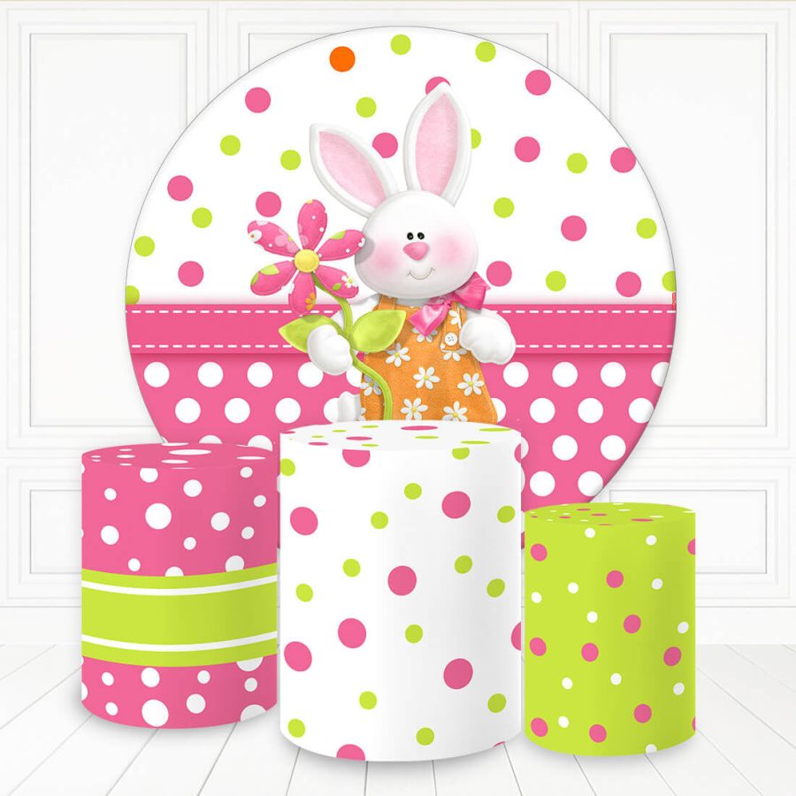 Aperturee Cute Rabbit With Flower Dots Party Round Backdrop Kit | Round Backdrop Cover Diy | Round Backdrop Stand Covers | Circle Background For Party