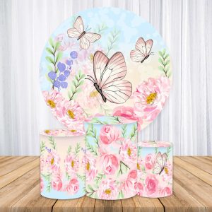 Aperturee Cyan Love Round Pink Floral Birthday Party Backdrop Kit | Birthday Backdrop Ideas | Custom Round Backdrop | Round Backdrop Cover Diy