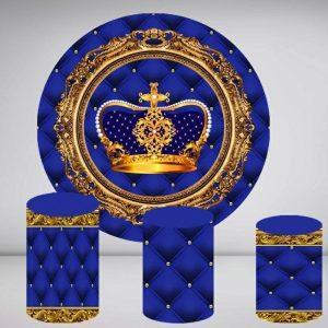 Aperturee Dark Blue And Gold Crown Round Birthday Backdrop Kit | Circle Party Backdrop | Circle Backdrops For Birthday | Round Party Backdrop