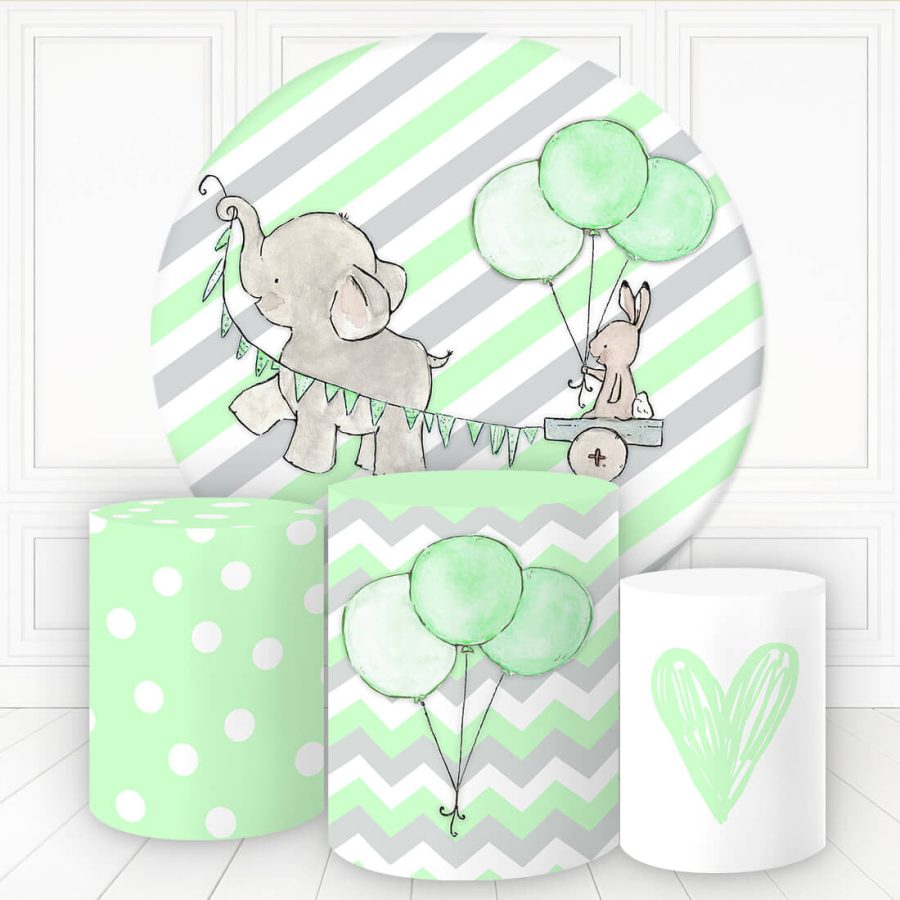 Aperturee Elephant Rabbit Green Balloon Round Birthday Backdrop Kit | Round Backdrop Fabric Cover | Circle Background For Party | Round Party Backdrop