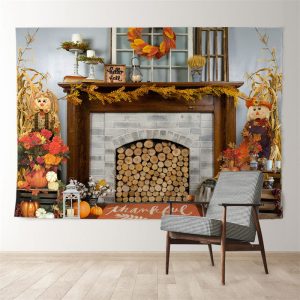 Aperturee Fireplace Pumpkin Scarecrow Thanksgiving Backdrop