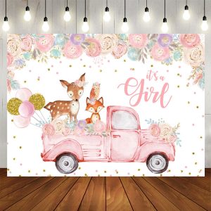 Aperturee Floral And Pink Truck With Deer Baby Shower Backdrop