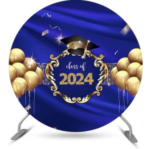 Aperturee Gold Balloons Navy Blue Class Of 2024 Round Backdrop | Graduation Photo Backdrop | Graduation Party Backdrop | Diy Graduation Photo Backdrop