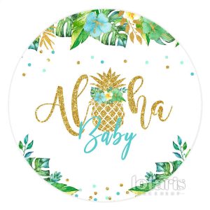 Aperturee Gold Glitter Alha Green Leaves Round Baby Shower Backdrop | Circle Background For Party | Circle Party Backdrop | Round Baby Shower Backdrop