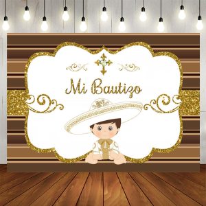 Aperturee Gold Glitter Mi Bautizo White Baby Shower Backdrop