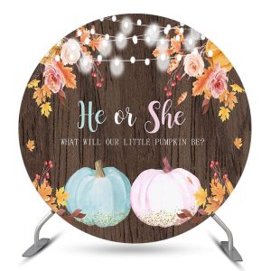 Aperturee He Or She Pumpkin Wood Round Baby Shower Backdrop | Baby Shower Round Backdrop | Round Backdrop Fabric Cover | Circle Party Backdrop