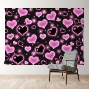 Aperturee Hot Pink Black Heart Simple Valentine Backdrop