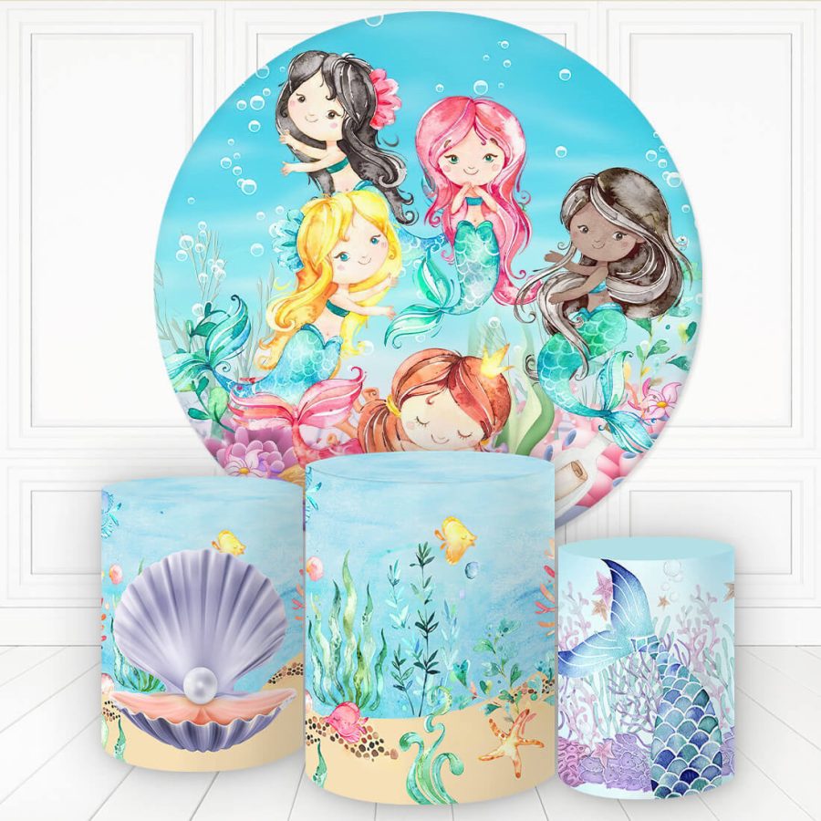Aperturee Mermaid In The Sea With Shell Round Backdrop Kit For Girl | Round Party Backdrop | Circle Backdrop Baby Shower | Custom Round Backdrop