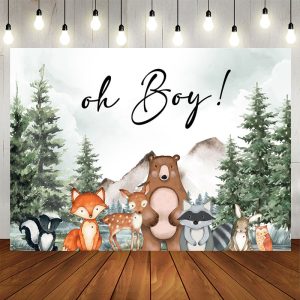 Aperturee Oh Boy Forest Animals Spruce Baby Shower Backdrop